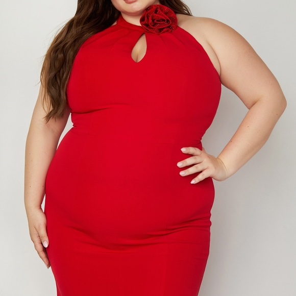 NWT City Chic Iliana Dress in Cherry Size 18 Red with Crystal Flower Detail - Picture 3 of 16